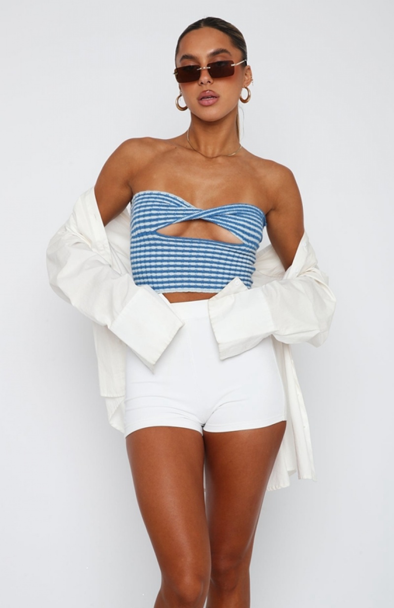 Women's White Fox Time After Time Strapless Crop Tops Blue | LSAM-67284