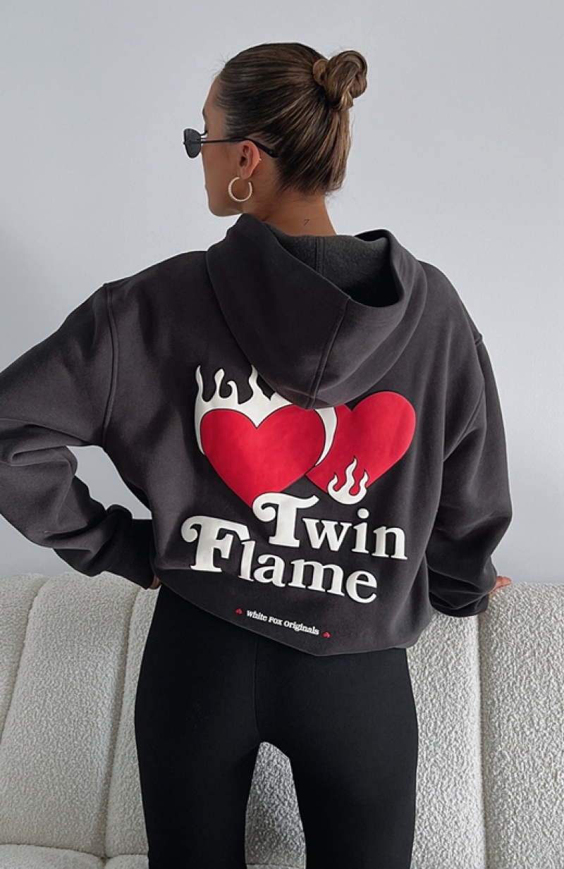 Women\'s White Fox Twin Flame Oversized Hoodie Grey | UIRQ-04816