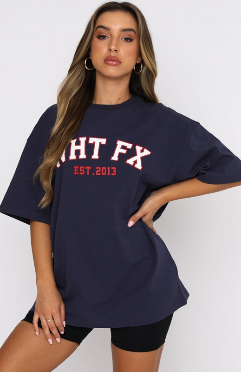 Women's White Fox Varsity T Shirts Navy | SLRI-13064