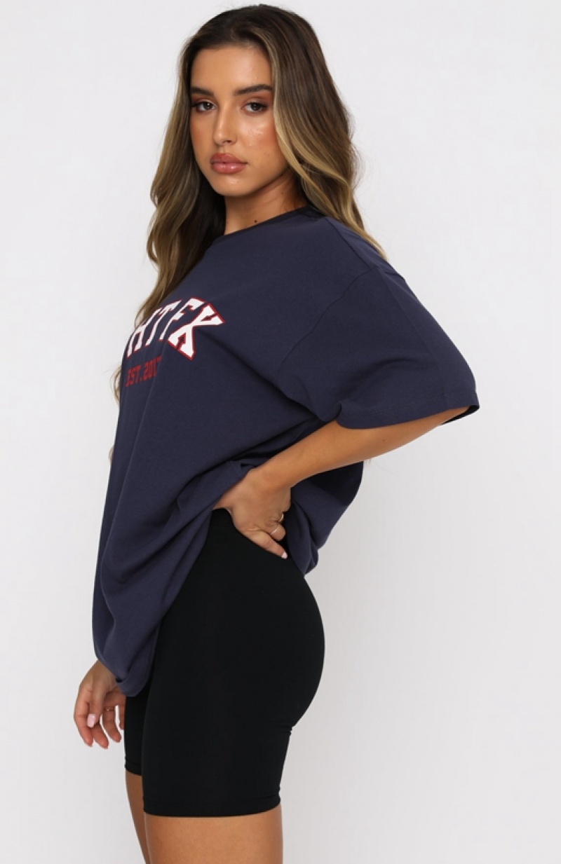 Women's White Fox Varsity T Shirts Navy | SLRI-13064