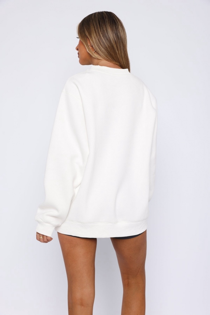 Women's White Fox Wellness Club Oversized Sweaters White | MLJF-37265