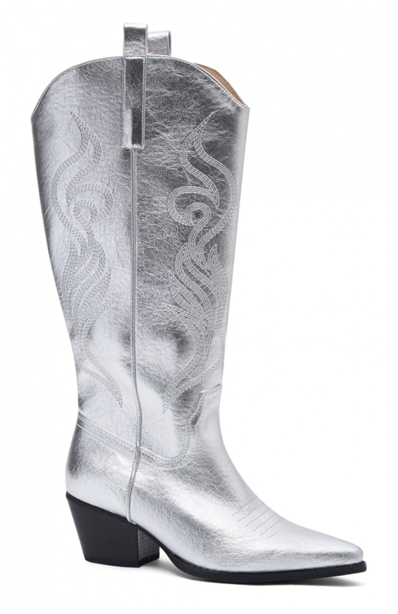 Women's White Fox Western Cowboy Boots Silver | YXWF-48713