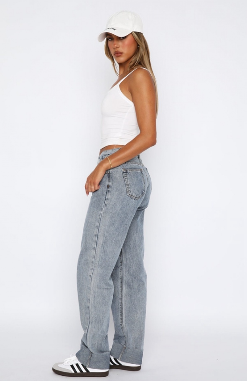 Women's White Fox What A Feeling Mid Rise Straight Leg Jeans Blue | STHD-89753