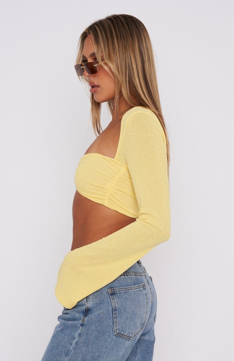 Women's White Fox What About Me Long Sleeve Crop Tops Lemon | YXHJ-05927