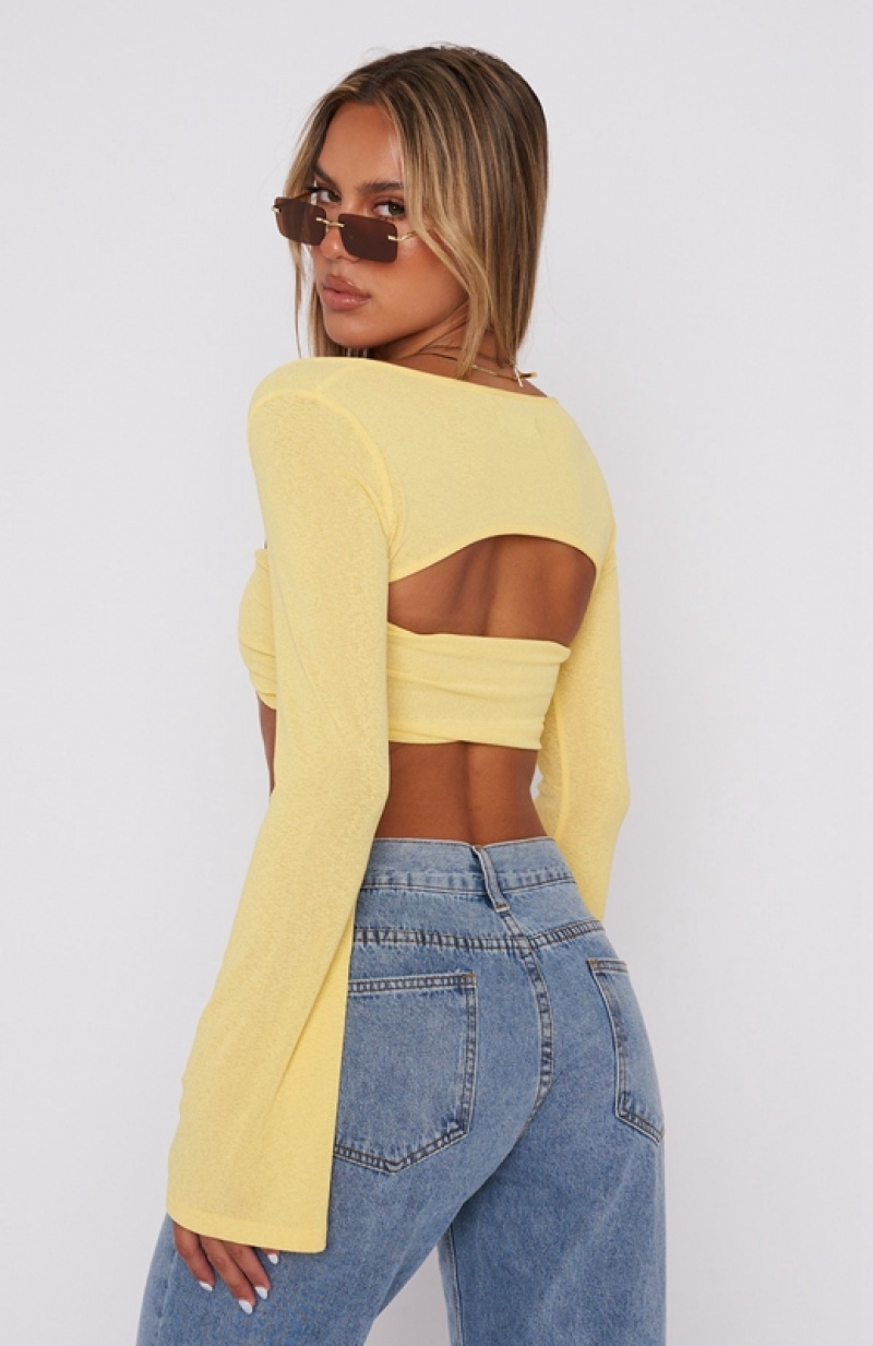 Women's White Fox What About Me Long Sleeve Crop Tops Lemon | YXHJ-05927