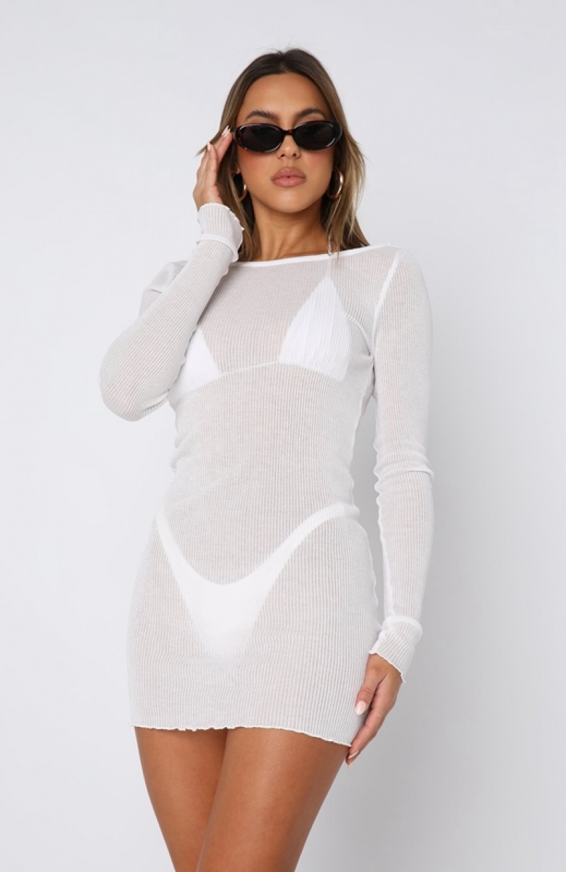 Women's White Fox Without Warning Long Sleeve Mini Dress White | SDBX-43628